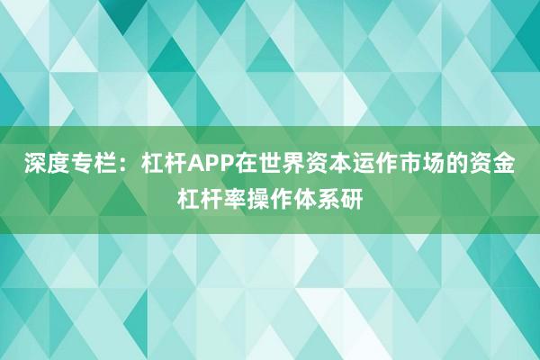深度专栏：杠杆APP在世界资本运作市场的资金杠杆率操作体系研
