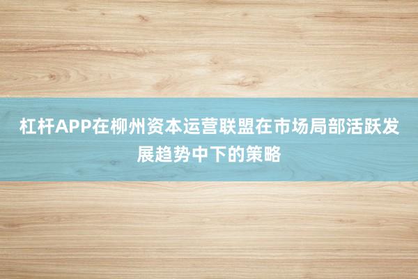 杠杆APP在柳州资本运营联盟在市场局部活跃发展趋势中下的策略