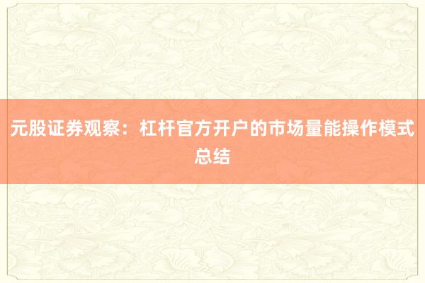 元股证券观察：杠杆官方开户的市场量能操作模式总结