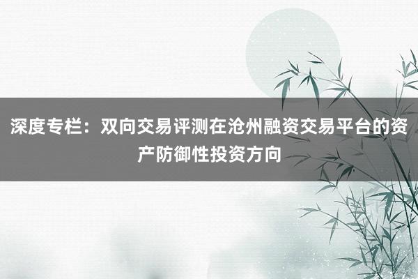 深度专栏：双向交易评测在沧州融资交易平台的资产防御性投资方向