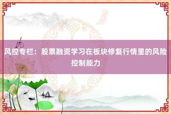 风控专栏：股票融资学习在板块修复行情里的风险控制能力