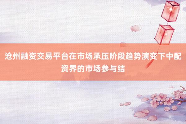 沧州融资交易平台在市场承压阶段趋势演变下中配资界的市场参与结