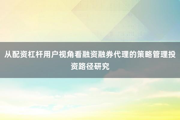 从配资杠杆用户视角看融资融券代理的策略管理投资路径研究