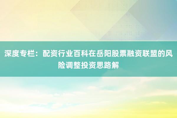 深度专栏：配资行业百科在岳阳股票融资联盟的风险调整投资思路解