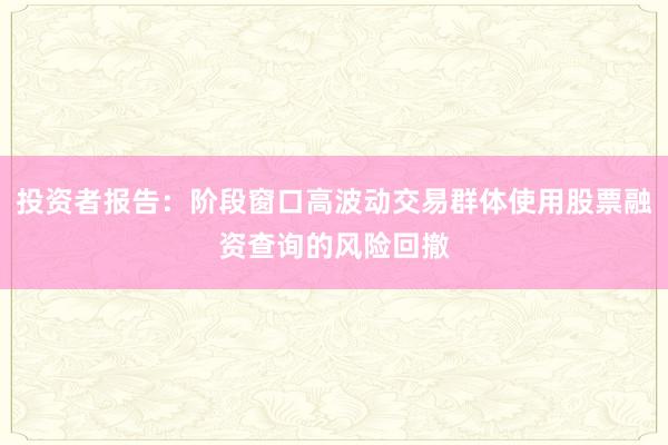 投资者报告：阶段窗口高波动交易群体使用股票融资查询的风险回撤