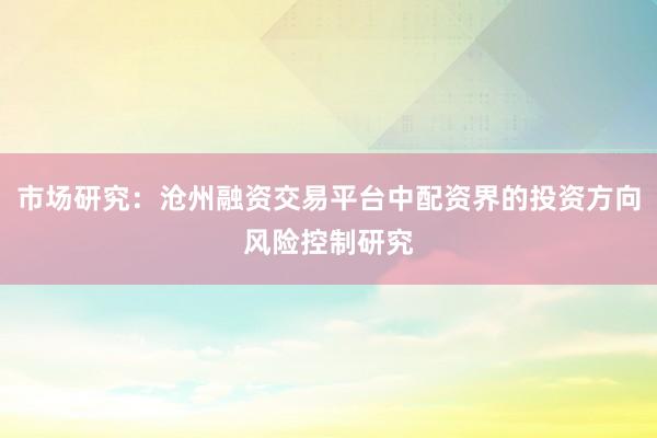 市场研究：沧州融资交易平台中配资界的投资方向风险控制研究