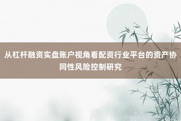 从杠杆融资实盘账户视角看配资行业平台的资产协同性风险控制研究