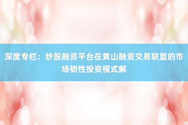 深度专栏：炒股融资平台在黄山融资交易联盟的市场韧性投资模式解