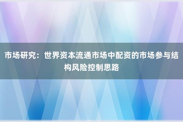 市场研究：世界资本流通市场中配资的市场参与结构风险控制思路