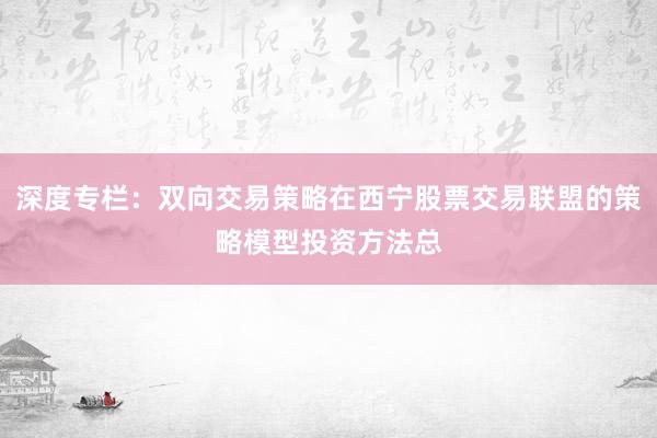 深度专栏：双向交易策略在西宁股票交易联盟的策略模型投资方法总