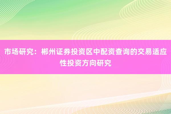 市场研究：郴州证券投资区中配资查询的交易适应性投资方向研究