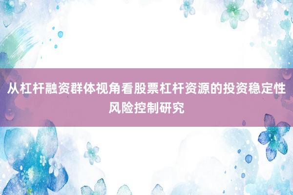 从杠杆融资群体视角看股票杠杆资源的投资稳定性风险控制研究