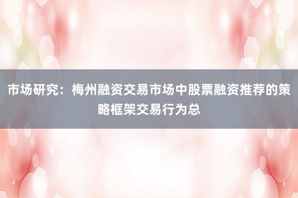 市场研究：梅州融资交易市场中股票融资推荐的策略框架交易行为总