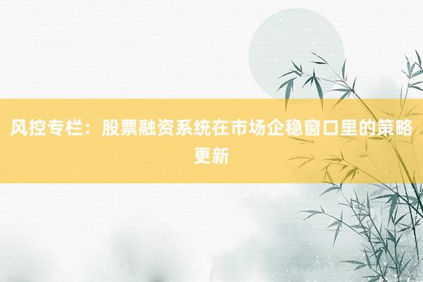 风控专栏:股票融资系统在市场企稳窗口里的策略更新