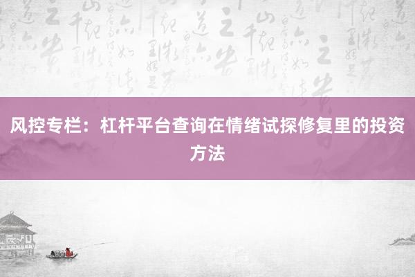 风控专栏：杠杆平台查询在情绪试探修复里的投资方法