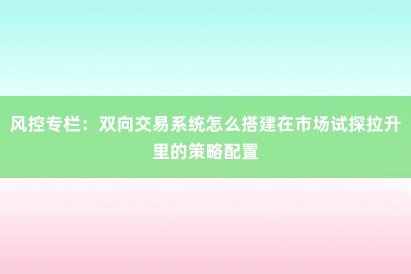 风控专栏：双向交易系统怎么搭建在市场试探拉升里的策略配置