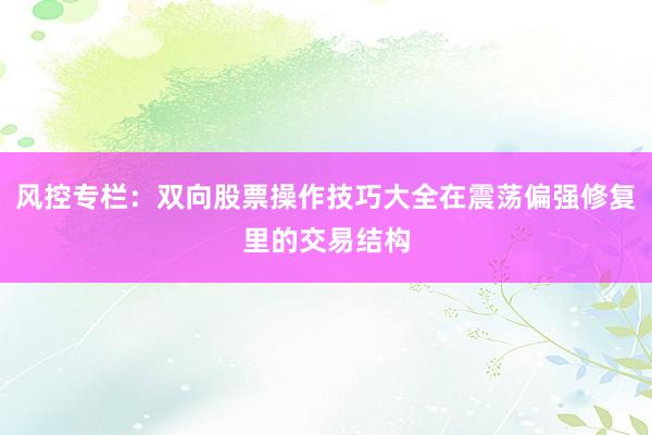 风控专栏：双向股票操作技巧大全在震荡偏强修复里的交易结构
